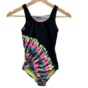 Justice girls one piece swimsuit black with pink blue yellow neon tie dye 8